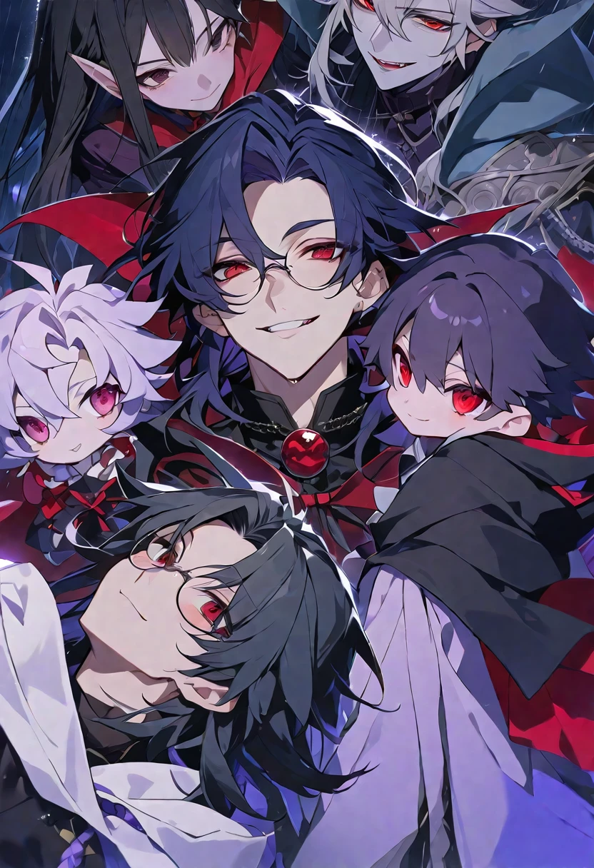 独奏, handsome,
1 male,
long hair,straight hair,Braided black hair, devil,
red eyes, Gojo Satoru,casual, Prince,cloak ,black court,cool,smile ,Round Glasses,Put on the hood,rain, night,moonlight,vampire,BLOOD,pierrot,
black background,look up,Face close-up