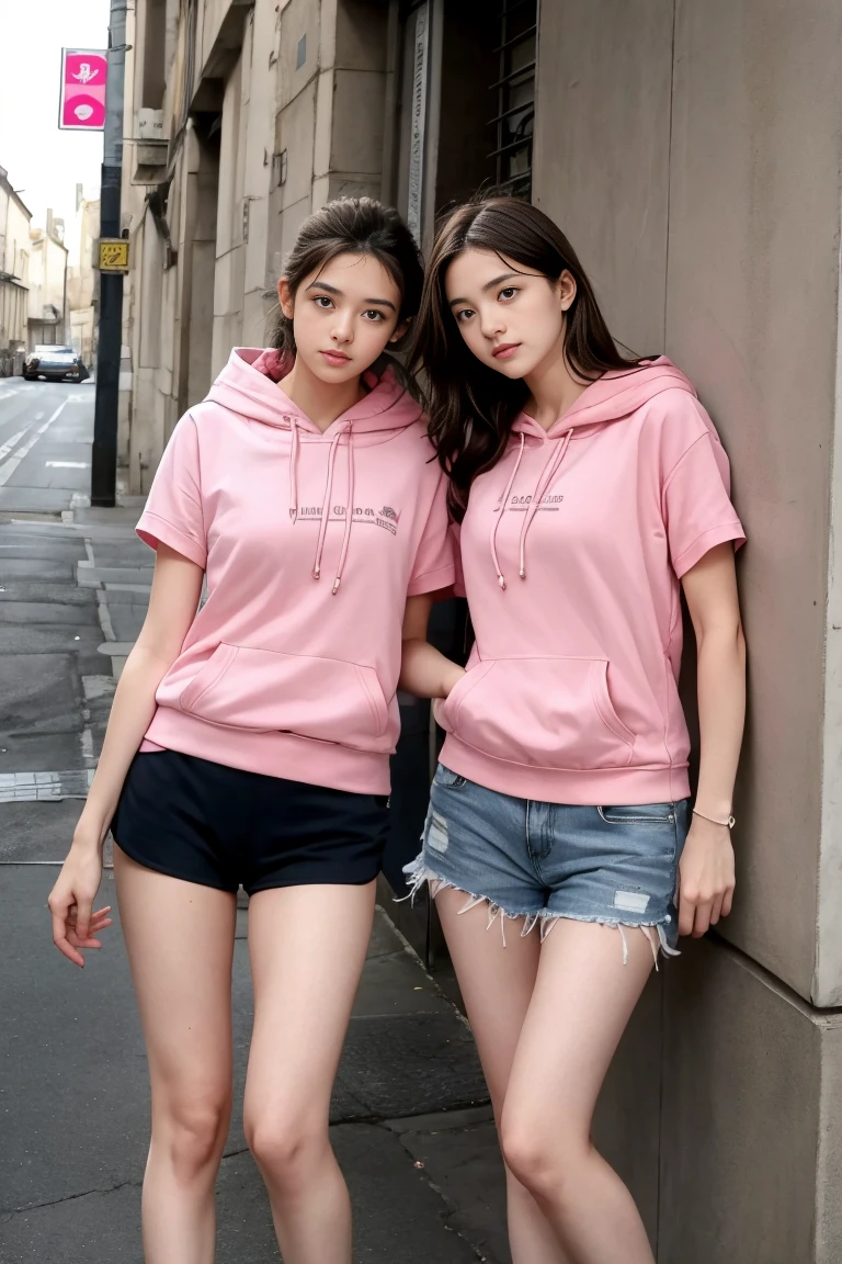 deux femmes ensemble de 18 ans sexy et mince , pink short sleeve hoodie , jambe visible , se touche,salle de classe,position sensuel