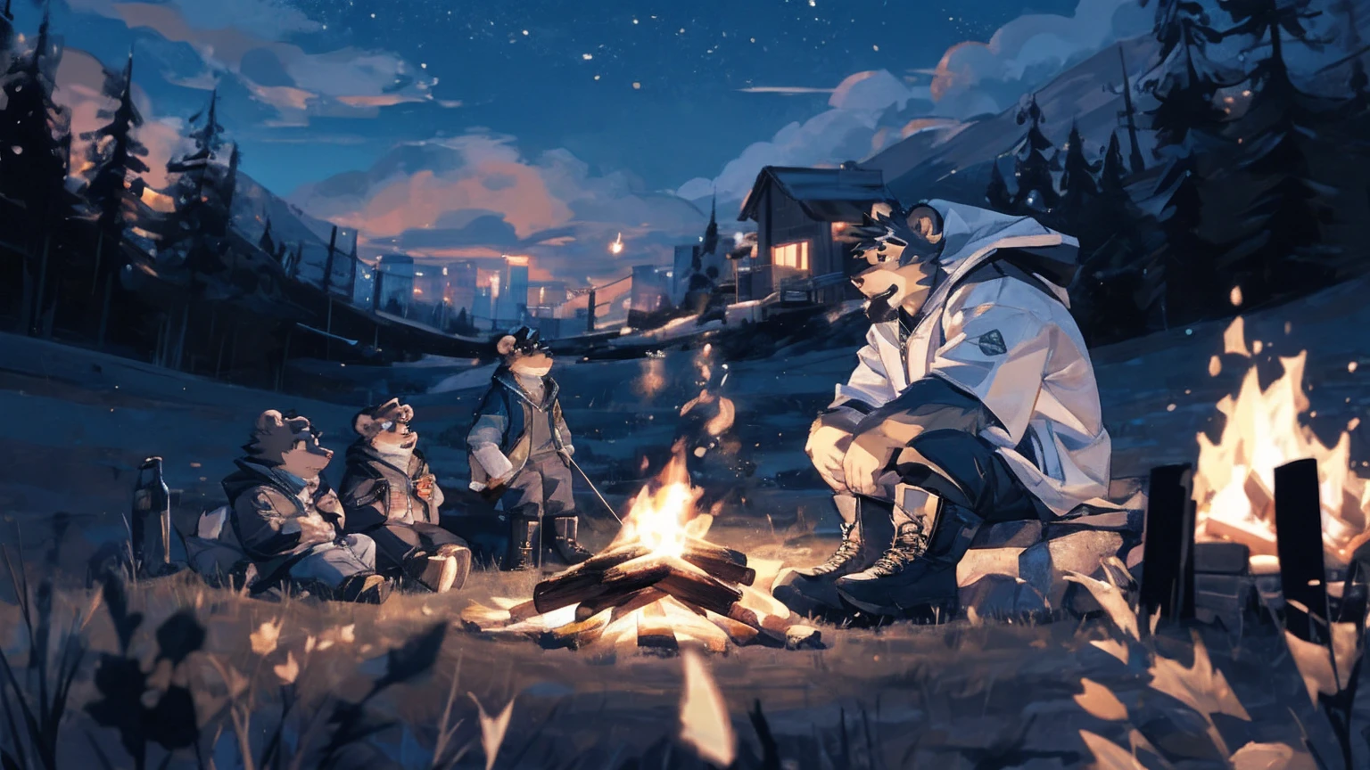 (masterpiece:1.2), best quality,pixiv,official art,perfect anatomy, (Ray tracing, light),solo, (1_male:1.3) , (muscle), (grey fur:1.4), (muscle bear), (beard:1.2), (gleaming golden eyes), bear tail, Thick black eyebrows, (open hooded parka) , (naked inside:1.2), cargo pants, (boots:1.2), (A skyline at lakeland:1.3),twinkling stars, Milky Way, outdoors , camp , camping , campfire