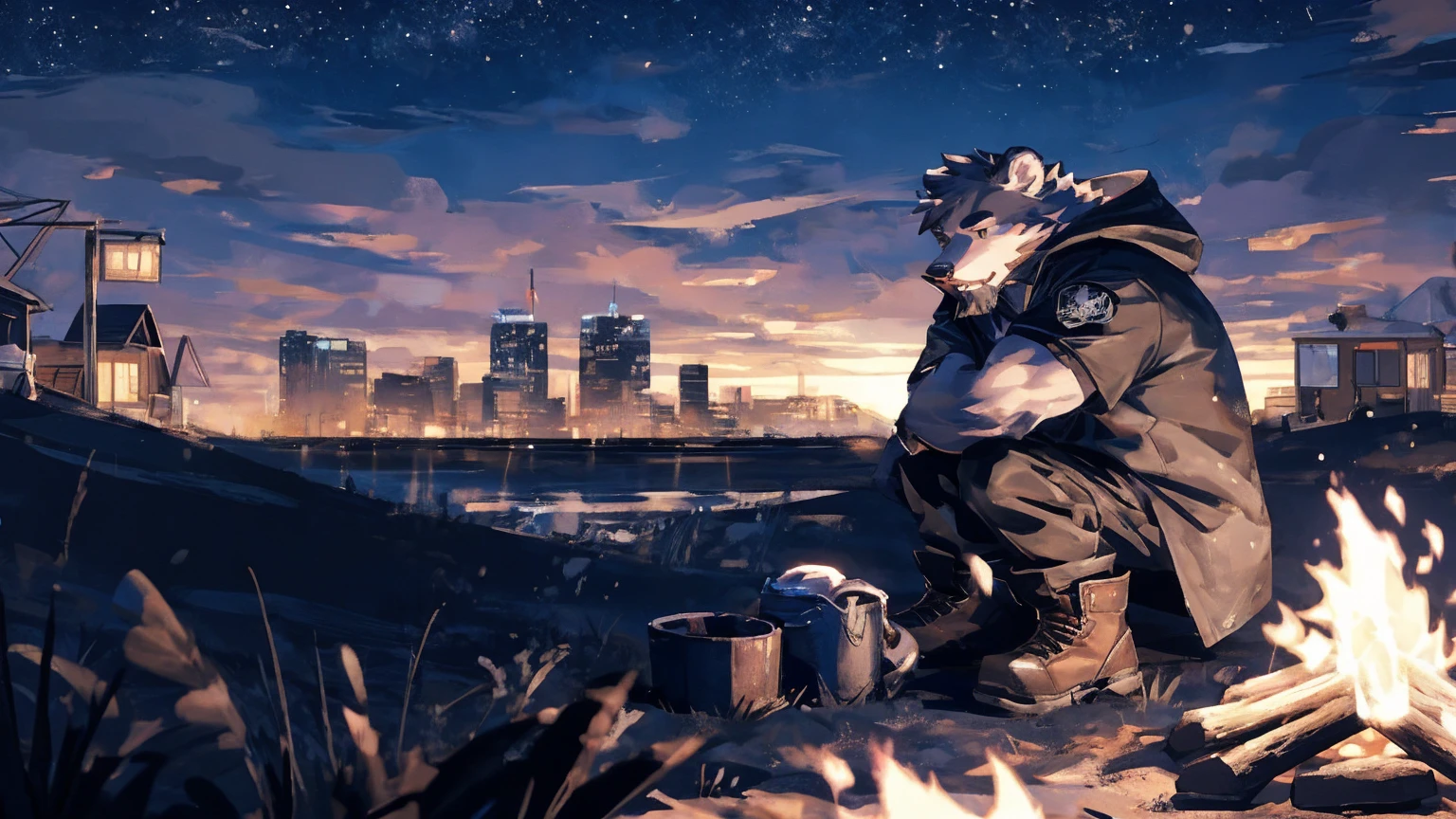 (masterpiece:1.2), best quality,pixiv,official art,perfect anatomy, (Ray tracing, light),solo, (1_male:1.3) , (muscle), (grey fur:1.4), (muscle bear), (beard:1.2), (gleaming golden eyes), bear tail, Thick black eyebrows, (open hooded parka) , (naked inside:1.2), cargo pants, (boots:1.2), (A skyline at lakeland:1.3),twinkling stars, Milky Way, outdoors , camp , camping , campfire