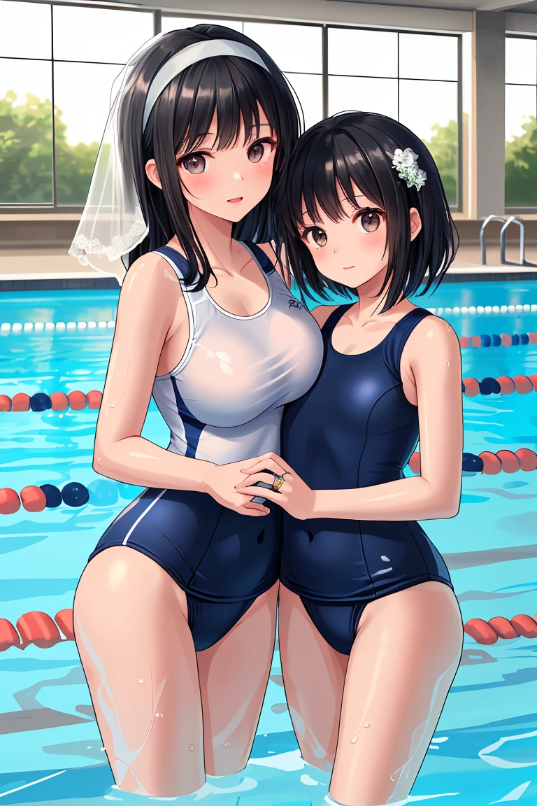 Beauty mother-in-law Black Hair Mother and daughter have beautiful breasts hair band wedding ring My mother is a competitive swimmer My daughter is wearing a navy blue school swimsuit. Pool