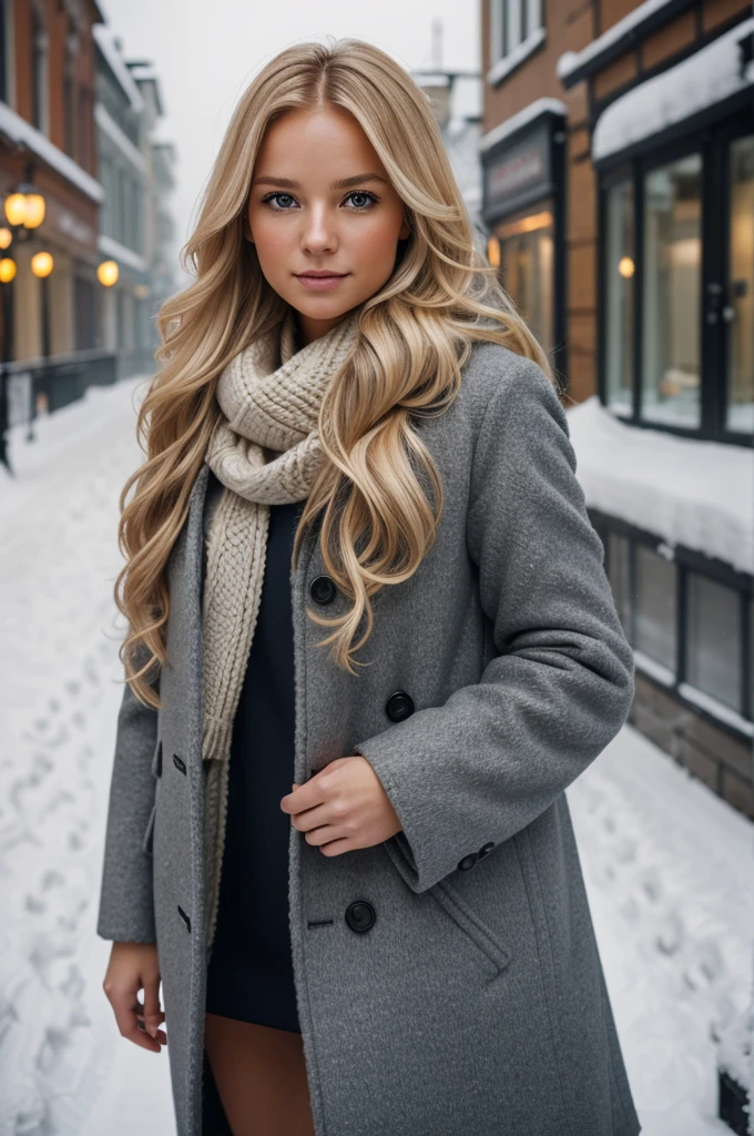 professional portrait photograph of a gorgeous Norwegian girl in winter clothing with long wavy blonde hair, sultry flirty look, gorgeous symmetrical face, cute natural makeup, wearing elegant warm winter fashion clothing, ((standing outside in snowy city street)), stunning modern urban environment, ultra realistic, concept art, elegant, highly detailed, intricate, sharp focus, depth of field, f/1. 8, 85mm, medium shot, mid shot, (((professionally color graded))), bright soft diffused light, (volumetric fog), trending on instagram, hdr 4k, 8k