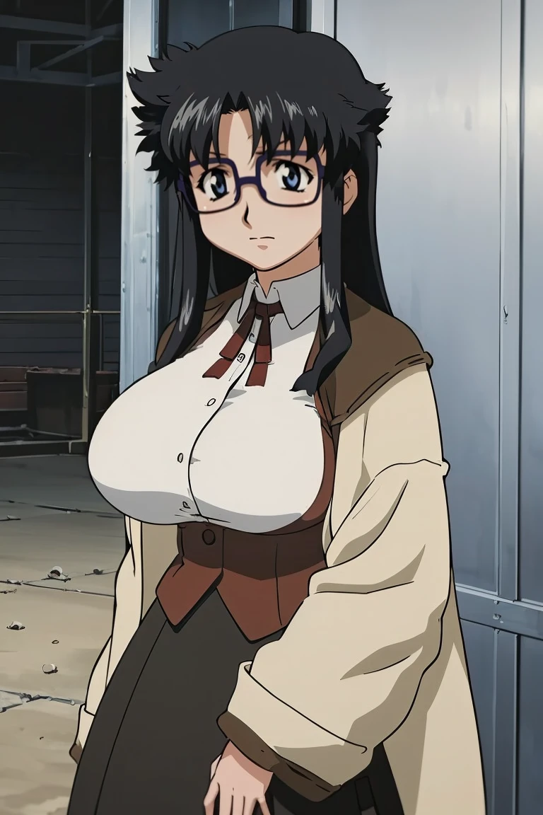YR, 1girl, solo, upper body, portrait, sticker blush, smile, looking at viewer, glasses, long skirt, coat, vest, ribbon, long sleeves, messy hair, fine detail, perfect quality, good quality, masterpiece, HDR, UHD full body, refsheet, flipflops, huge breast,