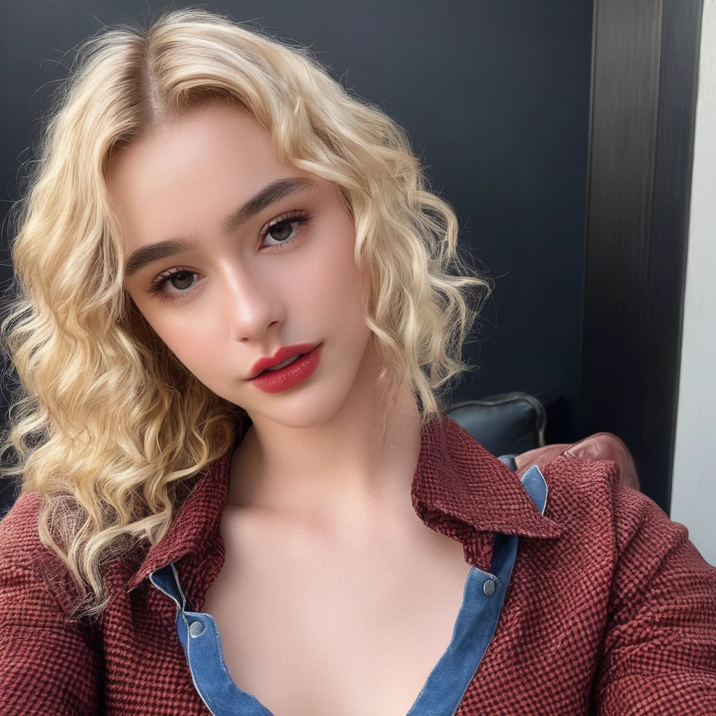 DASHA_dispersed, wear a checkered red and black shirt and blue jeans, blonde hair with a red curl and looser clothes, I look at the viewer, ((sharp face, detailed face, ultra-textured leather, realistic face, Genuine Leather, realistic skin, Detailed skin, pores))