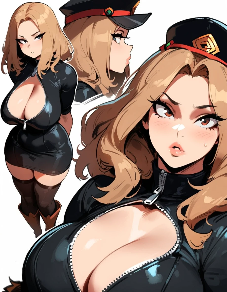 1girl, utsushimi kemii, boku no hero academia \\\\\ masterpiece, best quality, very aesthetic, absurdres, newest \\\\\\ slim body,///// ,by nyantcha,cutesexyrobutts , by khyle,,////// beautiful face, sexy, simple black catsuit with blending patterned lines and a zipper running down the middle left slightly down to reveal her cleavage. She wears white cuffs around her wrists and white heeled knee-high boots,., ,plump and glossy lips, white background, looking at viewer, close-up, dark brown eyes, ,cap, thin waist, portrait