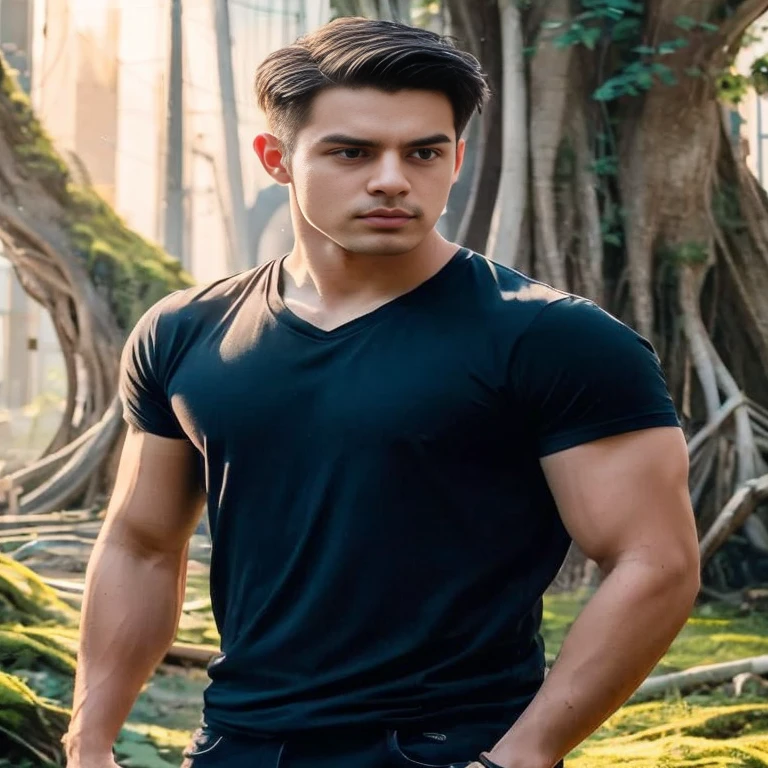 Aarav man, 25 years old, short black haircut, standing in the middle of the road., Hero Moves, standing next to car, Nissan 350z middle shot, The promotion is still on., The promotion is still on., Zach Retz, Shot with canon eos r5, Shot with canon eos r5, moody movie lighting, Rafael Pernaz, Photo Editor, Alexander Rostov, Still from Riverdale, Portrait 8 k, cyberpunk ????, ultra realistic, neon, photography model, raw image, dsrl, neon signs, purple, light blue, red