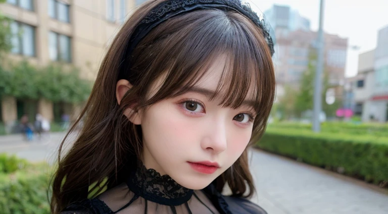 (Long Hair, bangs:1.2),(Wearing Gothic Lolita clothes:1.2),1 girl,Japanese,21 years old,(Small breasts:1.3),(Highest quality,masterpiece:1.3,超A high resolution,),(Ultra-detailed,Caustics),(Photorealistic:1.4,RAW shooting,)Ultra-Realistic Capture,Very detailed,High resolution 16K human skin close-up。 Natural skin texture、,Pores、、It needs to be detailed enough to be easily identifiable。 Skin should be even-toned and healthy looking。 Use natural light and colour, Sad expression, Looking at the camera, Perfect dynamic composition, Outdoor