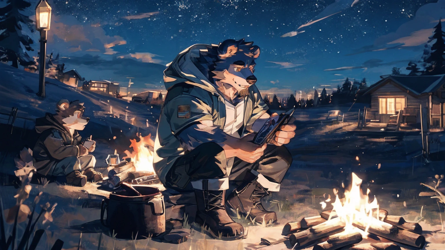 (masterpiece:1.2), best quality,pixiv,official art,perfect anatomy, (Ray tracing, light),solo, (1_male:1.3) , (muscle), (grey fur:1.4), (muscle bear), (beard:1.2), (gleaming golden eyes), bear tail, Thick black eyebrows, (open hooded parka) , (naked inside:1.2), cargo pants, (boots:1.2), (A skyline at lakeland:1.3),twinkling stars, Milky Way, outdoors , camp , camping , campfire