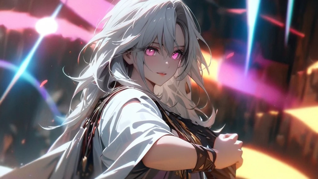 (solo), white hair, messy hair, mane hair, long hair, dense hair, wild hair, expressive hair, mature,(25 year old), pale skin, pink eyes, ((female)), wearing a white robe, white cloak,, rolled up sleeves, beautiful, attractive, eye reflection, medium breast, medium ass, smiling, depth of field, colorful thunder aura, colorful cinematic lighting, purple ray tracing, depth of field, cinematic lighting, purple ray tracing, UHD, high details, best quality, highres, high quality, award winning, super detail, masterpiece, 8k, UHD, high details, best quality, highres, high quality, award winning, super detail, masterpiece, 8k, digital art, anime coloring, full body shot, body shot, In a fighting position, Hand to hand combat, good face, perfect face, detailed face, good eyes, looking towards the screen.
