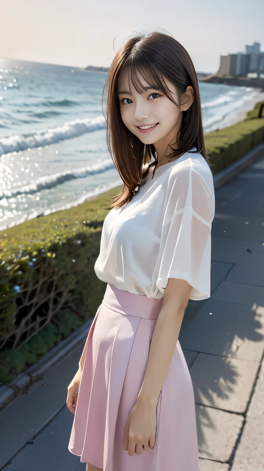 [super high quality,Masterpiece,high resolution],((日本people,woman,１people,超美people,Smile slightly)),(Middle Hair,Dark brown hair color,Hair disheveled by strong winds,Hide your forehead with bangs),(seven-headed body,Narrow face,Slender body,Small Butt,Beautiful Eyes,Beautiful Skin,Dark brown eyes),White see-through short-sleeved chiffon shirt,Pink long circular skirt,The hem of the skirt flutters in the wind,On top of the seawall with a view of the ocean and the beach,evening