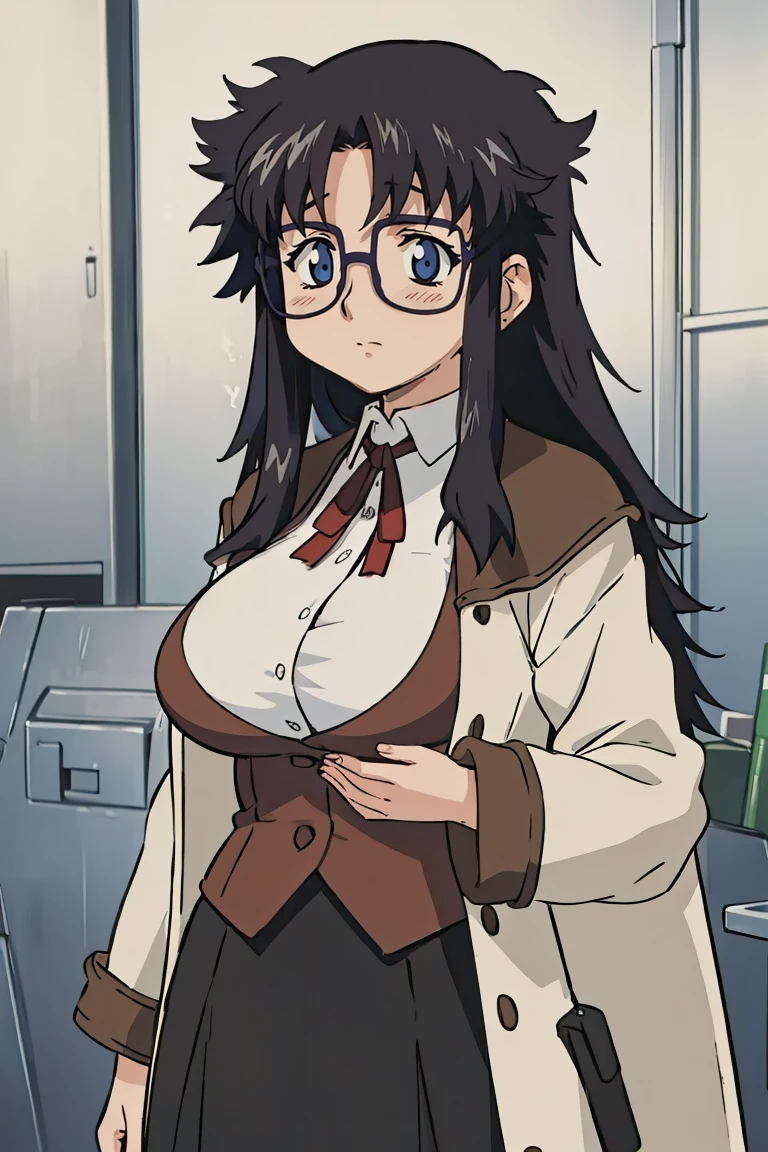 YR, 1girl, solo, upper body, portrait, sticker blush, smile, looking at viewer, glasses, long skirt, coat, vest, ribbon, long sleeves, messy hair, fine detail, perfect quality, good quality, masterpiece, HDR, UHD full body, refsheet, flipflops,  huge breast, thigh