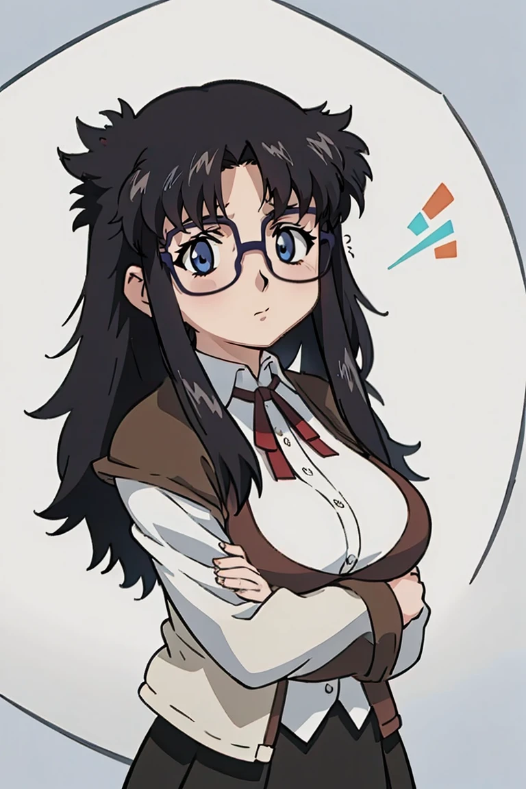 YR, 1girl, solo, upper body, portrait, sticker blush, smile, looking at viewer, glasses, long skirt, coat, vest, ribbon, long sleeves, messy hair, fine detail, perfect quality, good quality, masterpiece, HDR, UHD full body, refsheet, flipflops,  huge breast, thigh