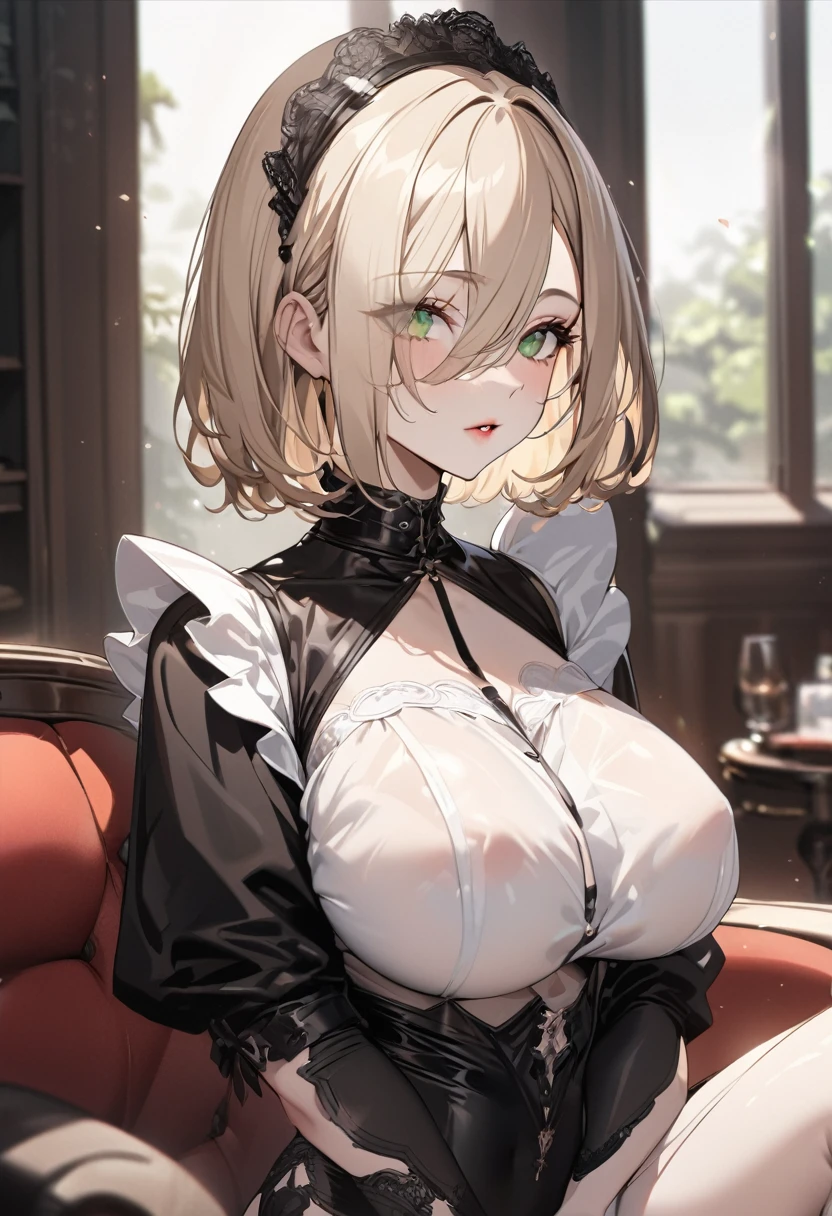 Please follow the all prompts below exactly and faithfully, This is a masterpiece of the most beautiful digital illustrations in the highest quality with maximum resolution, UHD, 512K, 2160p, 10 million ppi, 300 million dpi, natural tones, created with ultra-clear details, the highest realistic skin and hair texture, the most beautiful detailed eye features, a perfect anatomically correct human body, a beautiful background with depth, the rule of thirds, depth of field, and the best and most beautiful natural lighting, 1woman, y, 25years old, beautiful face sharp, elegant woman, Ultimate perfect body style, beautiful beautiful bigaximize upturned breasts, greenshiny blonde hair, short hair, bob cut, (eyes visible through hair:1.3), glossy very thick lips, pink lipstick, shiny red clothes, maid costume, drop shoulder dress, bustier, Ultimate high leg, thong, at the living room,