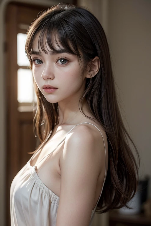 garota jovem, body hair: Your hair is short, slightly wavy at the ends, going up to the shoulders. She has bangs that go down to her eyebrows., with some longer locks that fall delicately to the side of the face, between the bangs and the ear. The hair is a slightly brownish black, shining like a starry night.eyeballs: Your eyes are a little big and almond-shaped, expressing ancient wisdom and a connection to the past, present and future. They are like windows into the flow of time.Skinned: His skin is white with an almost yellow tint, evoking a soft glow like the setting sun.eyebrows: Her eyebrows are thin, delicately arched, complementing its serene and timeless expression.gura: Your mouth is small, soft and pink, with lips that are not so full, but with a cute shape that adds a lightness to your facial expression.badass clothing: Wear a dress that seems to be made of light fabric, with gears and hands that move smoothly. The dress changes color throughout the day, reflecting the passage of time.