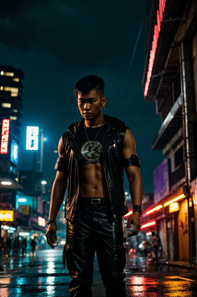 1 chico cyberpunk filipino, with a fake claw under heavy rain and lightning, At night