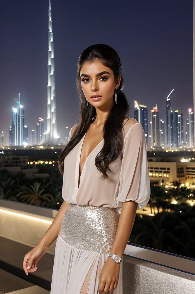 Beautiful Brazilian girl, extremely detailed face, makeup, blush, mesmerizing eyes, luscious lips, fluffy hair, perfectly-shaped eyebrows, sharp cheekbones,She was wearing a white chiffon shirt and long sequin silver skirt, walked in  luxury and illuminated terrace with the hyper-detailed, ultra-detailed, hyper-realistic, details, 8k night luminous masterpiece Dubai skyline in the background.