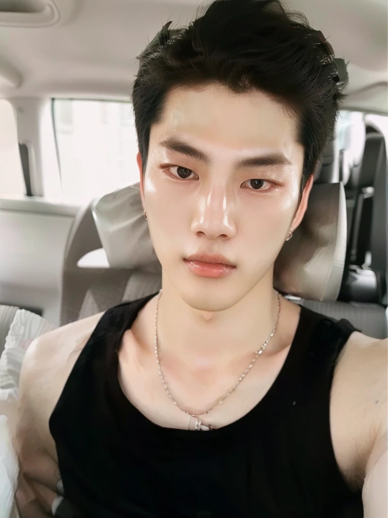 a closeup of a person in a car wearing a necklace, pale korean adorable face, Jung Jaehyun, wicked ulzzang, who is siwoo, cai xukun, elegant face and beautiful face, south korean man, elegant face, young pale angel, hyung tae, kanliu666, elegant, extremely elegant, perfect face and boy