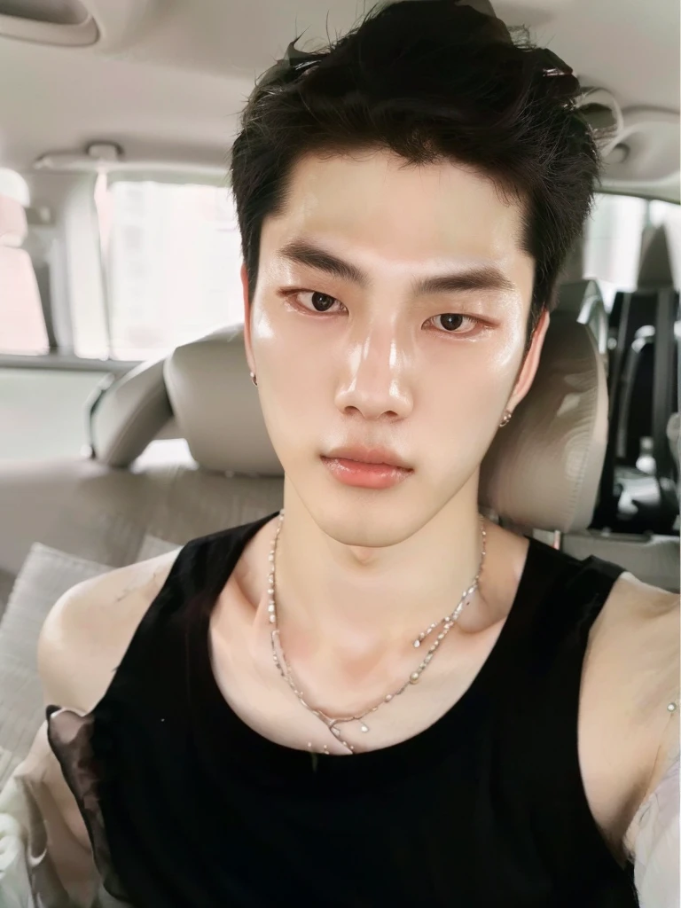 a closeup of a person in a car wearing a necklace, pale korean adorable face, Jung Jaehyun, wicked ulzzang, who is siwoo, cai xukun, elegant face and beautiful face, south korean man, elegant face, young pale angel, hyung tae, kanliu666, elegant, extremely elegant, perfect face and boy