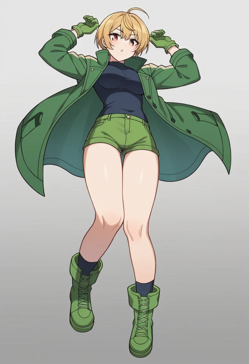 masterpiece, Highest quality, 1 person,( middle breasts,Are standing, View your audience,),Detailed Background、A person who writes in detail、Accurate human body、Knowledgeable person、Accurate 5 fingers,Cruby Body, ((konami)),wrist above head,Long sleeve、Thighs、alone,((green jacket, gloves, green shorts,green footwear))