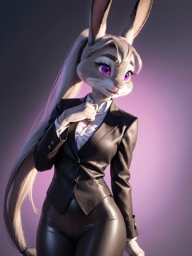 best quality,
masterpiece,
hyper Realistic,
ultra-detailed,
beautiful detailed,
4K,8K,High level,
PIXAR,
Photo real,
Portrait,
Looking at the audience,
((bright background)),
Realistic lighting,
((anthropomorphic rabbit)),
detailed animals,
Complex patterns,
(furry:1.5),
(Whole skin is gray:1.4),
(body is fluffy and bushy:1.3),
Realistic fur,
((human hands)),
(Face is JudyHopps:1.35),
{((long straight hair)), ((ponytail hair))},
wispy bangs, bangs,
purple eyes,
{highlight on eyes, crisp eyes, sparkle in the eyes, round big pupils},
detailed iris,
(rised eyebrows:1.2),
(Crescent Brows:1.3),
(rabbit ears:1.1),
Smile,
Big Smile,
Innocent smile,
raised corners of mouth,
office lady is wearing suit,
((White blouse)) BREAK ((Black blazer)) BREAK ((Black pants)),
clothes made of wool,
(solo:1.5),
(1 lady:1.5),
one character only
alone,
Perfect Anatomy,
highlight,
sunlight,
daylight,
intricate details,
ray tracing,
photorealistic,
lighter shadows,