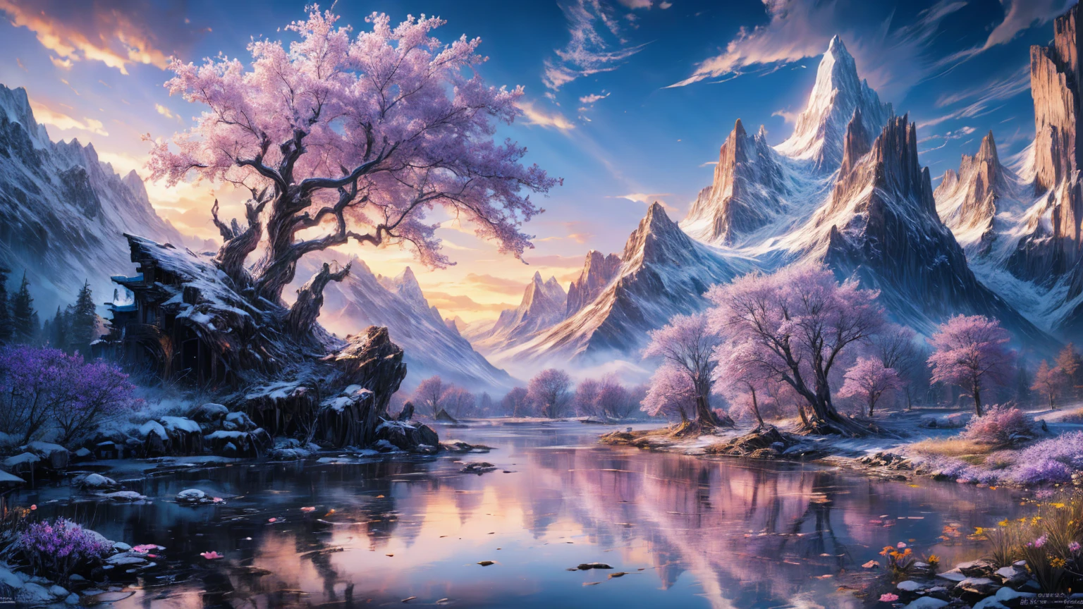an epic fantasy: Imagine and draw an epic fantasy scenes, Rin々Wolf, ,waterfall,reflection,mysterious,Flower Field,blue sky,cloud,Beautiful Landscape,Purple Taste,Lakeside