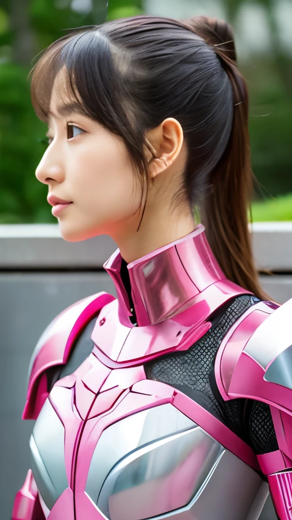 A woman wearing thick, pink metal powered armor, Japanese, ponytail, Clear Glass, whole body,