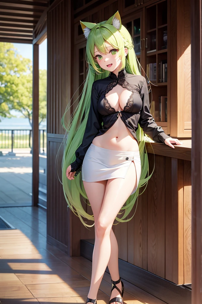 anime、最high quality, high quality, 8K、High resolution,Highest quality、solo、A calm and mature woman with long yellow-green hair and yellow eyes.、The background of vibrant overseas markets、Thighs、Miniskirt、tall、Long limbs、solo、Laughing with mouth open、anime