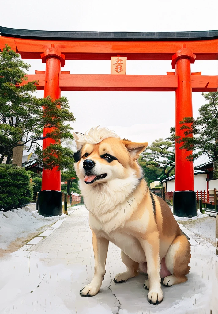 araffe dog sitting in front of a red tori tori gate, japanese dog, torii in the background, inspired by Torii Kiyomoto, torii, miko, torii gate, inspired by Shiba Kōkan, inari shrine, inspired by Torii Kiyonobu I, centered torii gate