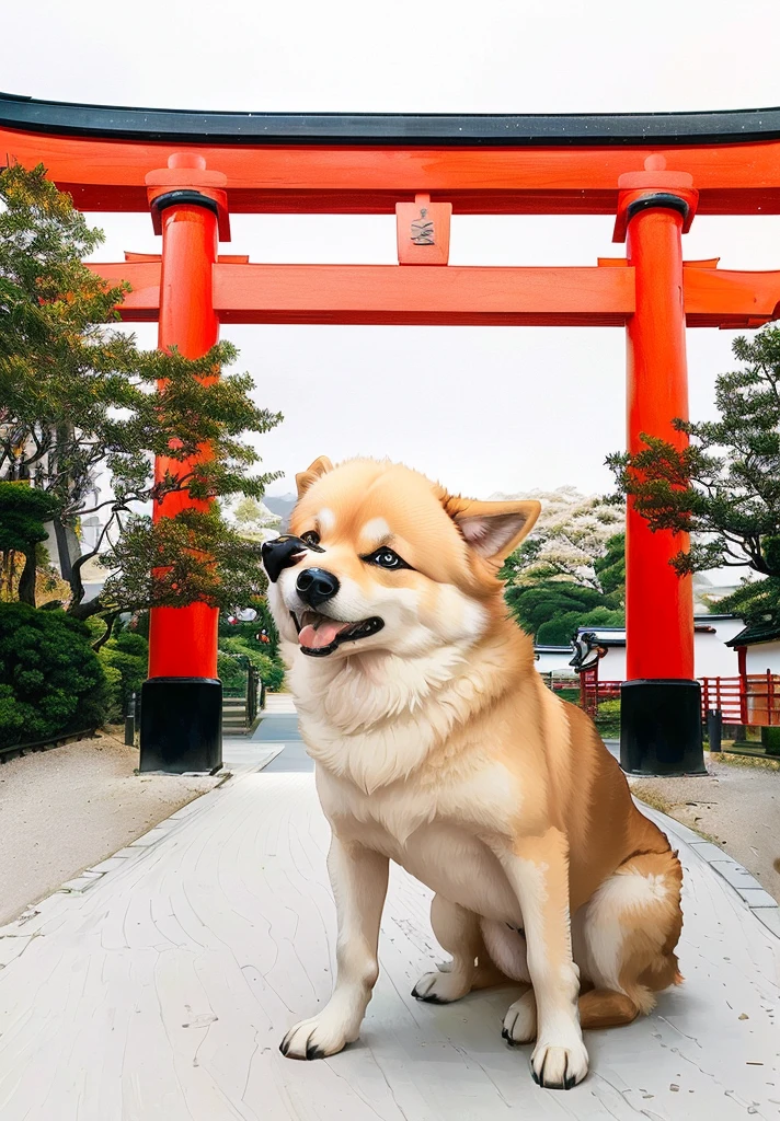 araffe dog sitting in front of a red tori tori gate, japanese dog, torii in the background, inspired by Torii Kiyomoto, torii, miko, torii gate, inspired by Shiba Kōkan, inari shrine, inspired by Torii Kiyonobu I, centered torii gate