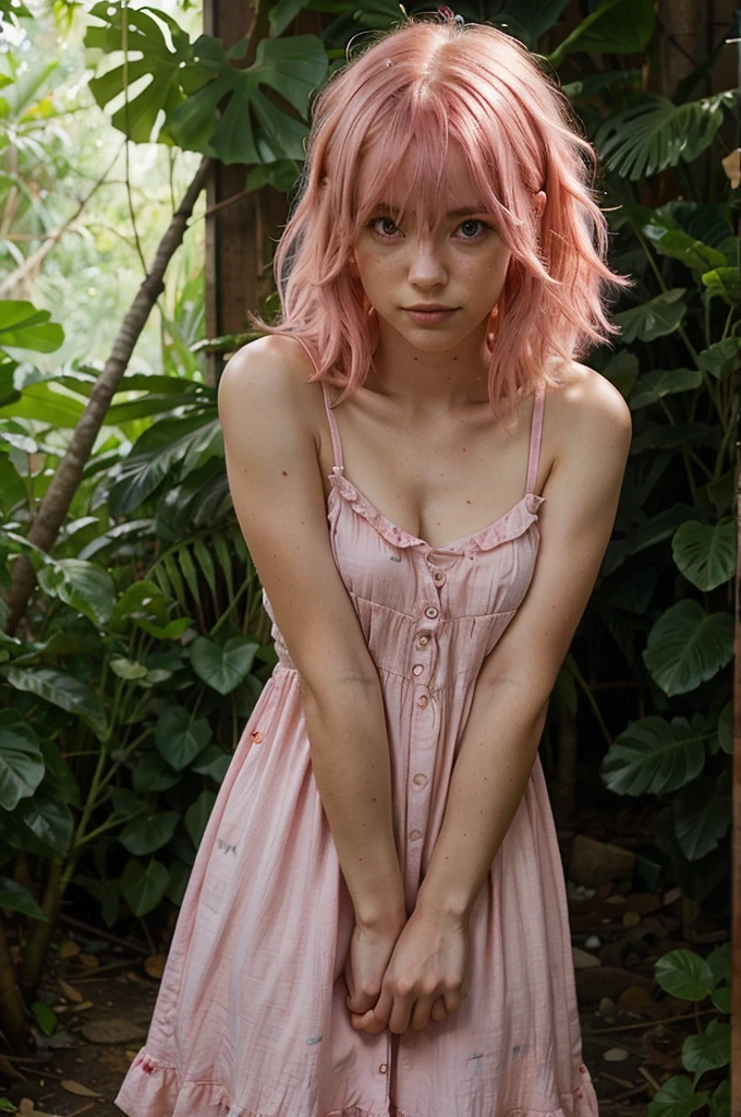 girl with pink hair , pink messy hair, 1 girl, solo, , in a jungle, pink sundress, voloptulous