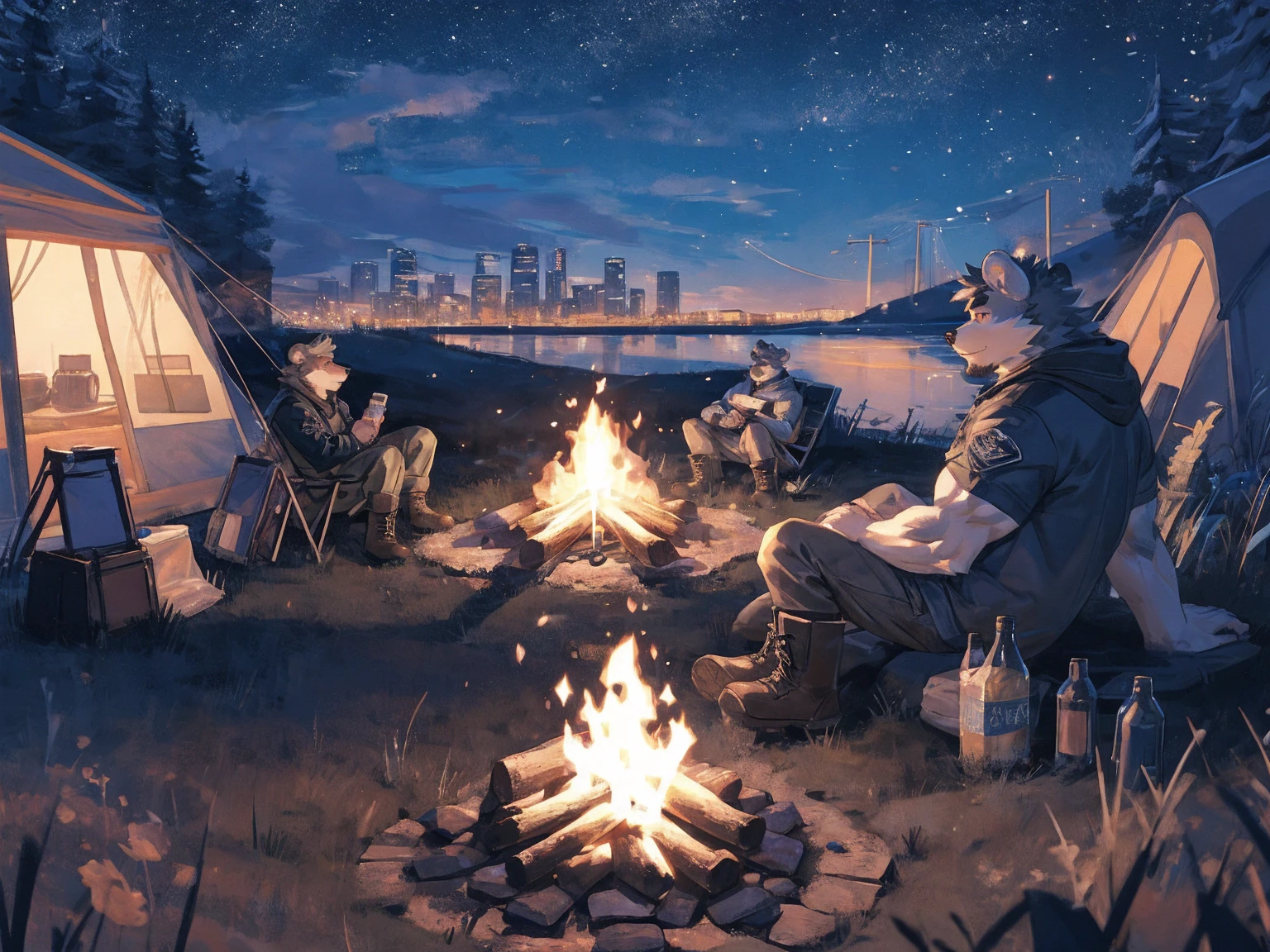 (masterpiece:1.2), best quality,pixiv,official art,perfect anatomy, (Ray tracing, light),solo, (1_male:1.3) , (muscle), (grey fur:1.4), (muscle bear), (beard:1.2), (gleaming golden eyes), bear tail, Thick black eyebrows, (open hooded parka) , (naked inside:1.2), cargo pants, (boots:1.2), (A skyline at lakeland:1.3),twinkling stars, Milky Way, outdoors , camp , camping , campfire
