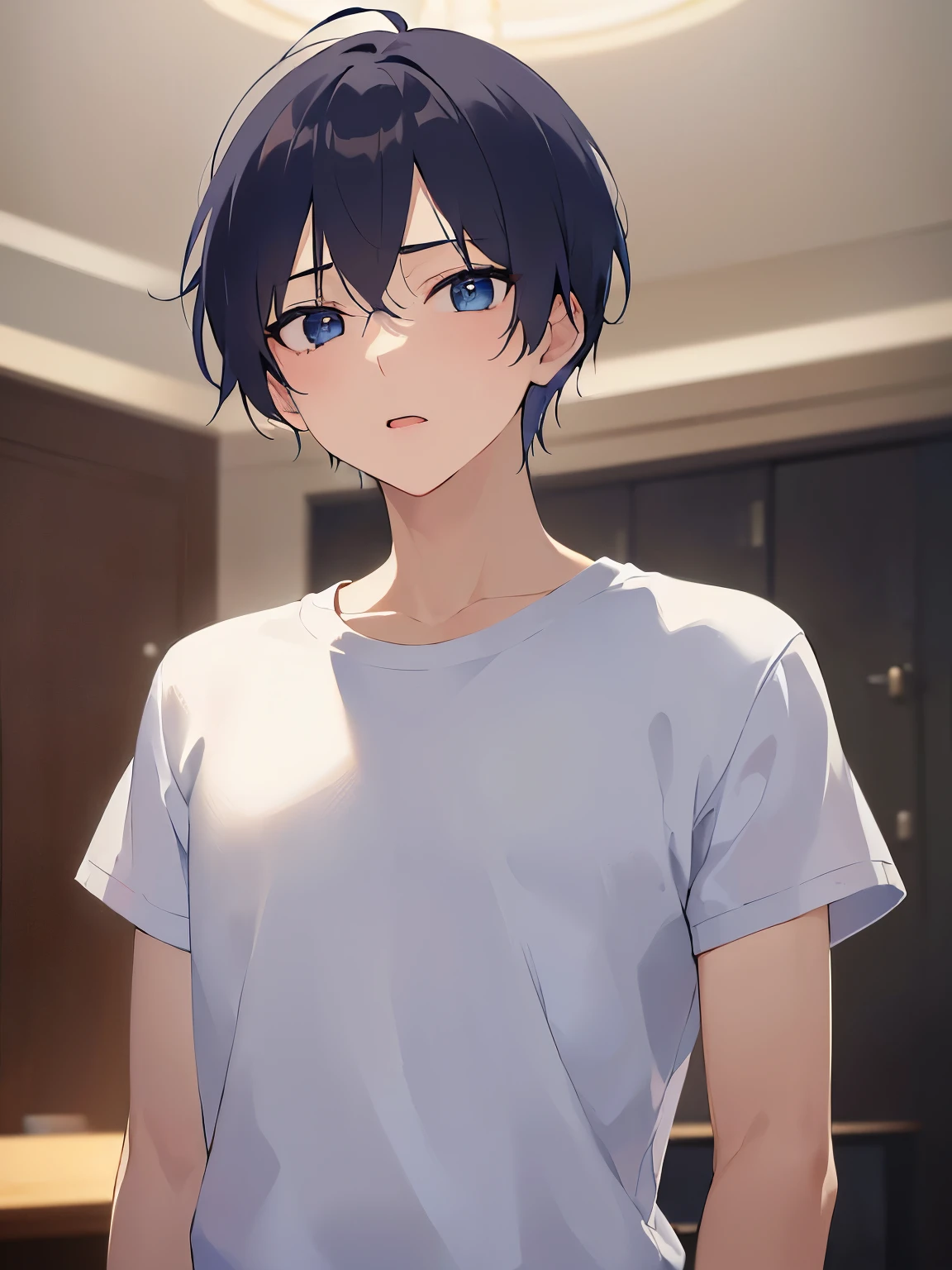 (hand on own head:1.3), upper body、shiny skin, masterpiece、Highest quality、(25-year-old male:1.5) and (Black short hair) and (blue eyes), White T-shirt、Are standing、open mouth, (sad:1.2)、The background is the living room、alone