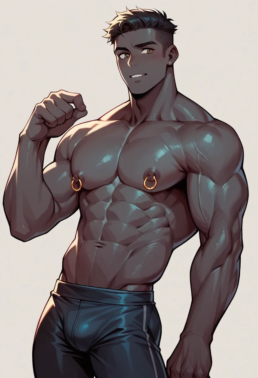 Male athlete,Black skin big ,handsome guy,Wearing tight transparent,Sunny and lively,Youthful feeling,Wearing nipple rings
