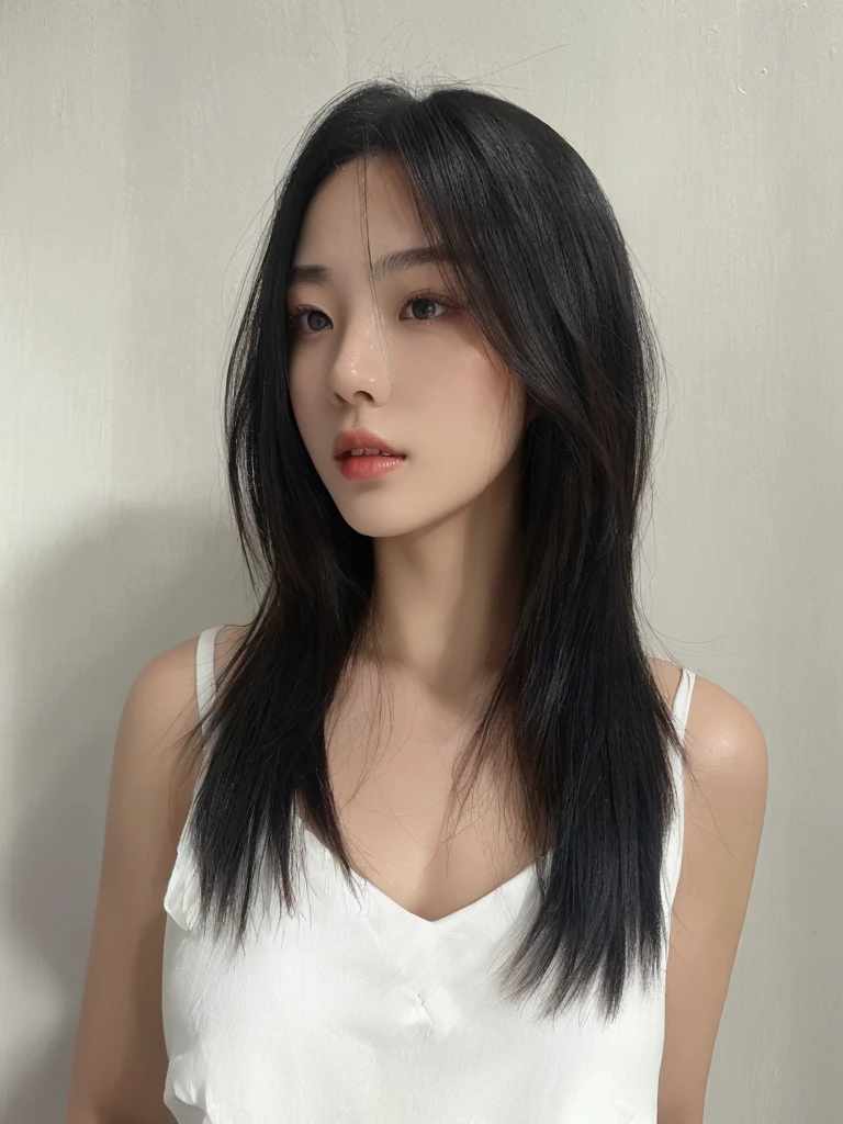 Best Quality, 8k, Masterpiece, (Portrait: 1.3), (photo realistic:1.4), (hyper realistic:1.4), Sharp Focus, looking at viewer, (smoother lighting:1.1), (increase cinematic lighting quality:0.9), realistic lighting, backlighting, light on face, ray trace, (brightening light:1.2), (Increase quality:1.4), sharp detail, (best quality real texture skin:1.4), finely detailed eyes, black_eyes, finely detailed face, 25 year old Korean woman, (white formal_shirt:1.4), (Create an image maintaining the original base model hairstyle:1.5)