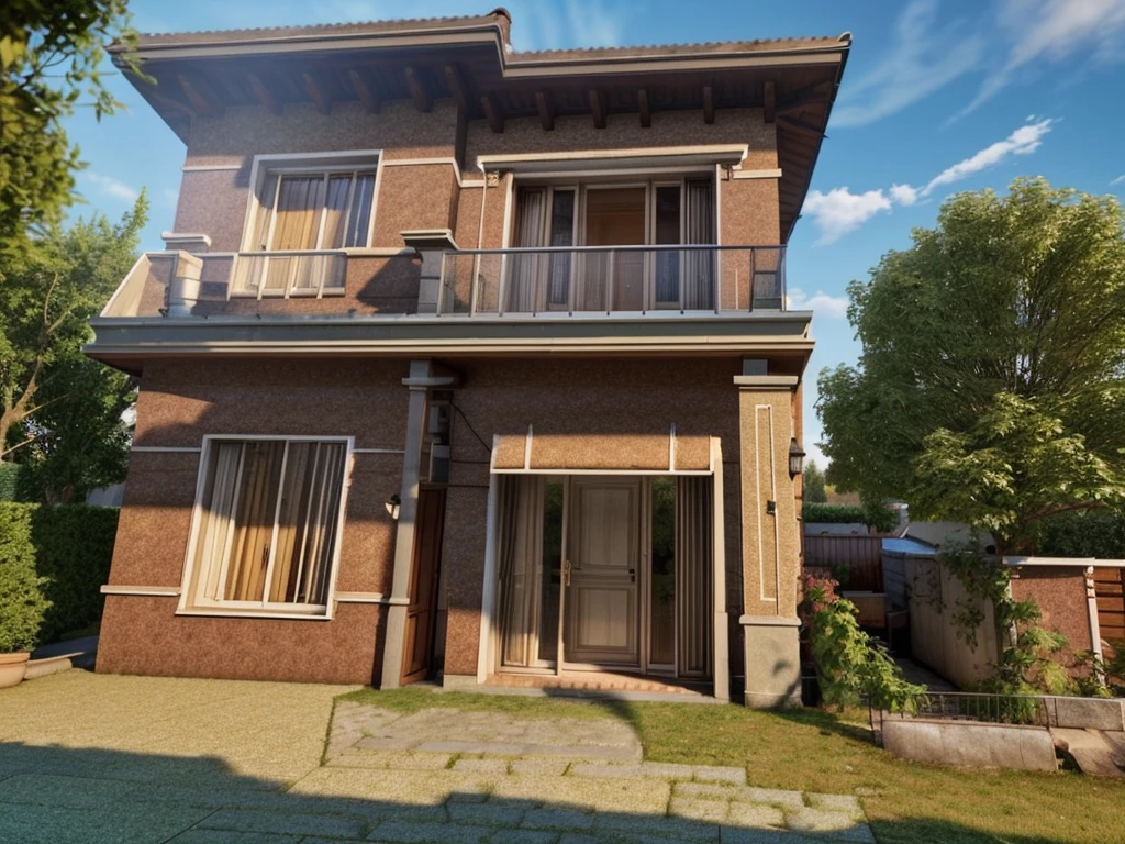 (Villa en ville , houses and trees), gradient_toit , tile_toit ,day light ( best quality) ((High solution)) ,(( photo realistic)) ,warm light,  Soft lighting, Ambiance chaleureuse,high resolution, super detailed,4K ,rendu vray, rendering of&#39;octane, hyper realistic, expert en photographie ,exterior design , photographie professionnelle, outdoor photography,prise de vue grand angle , Ultra detailed , high resolution , full frame, Tout le corps