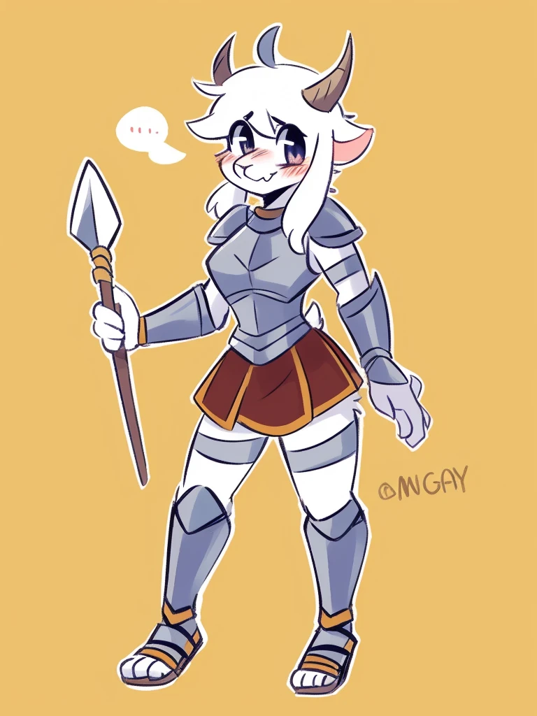 1girl, furry, furry_female, goat_ears, goat_girl, smile, solo, cute, shy, wearing full body plate armor, gladiator skirt, gladiator sandals, humanoid feet, holding a spear, nosebleed,bloody nose