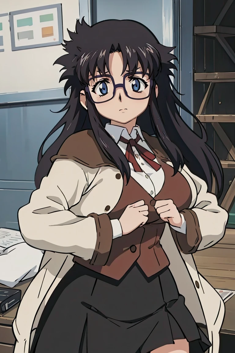 YR, 1girl, solo, upper body, portrait, sticker blush, smile, looking at viewer, glasses, long skirt, coat, vest, ribbon, long sleeves, messy hair, fine detail, perfect quality, good quality, masterpiece, HDR, UHD full body, refsheet, flipflops,  huge breast, thigh　ミニスカート　mini skirt　micro skirt　ミニスカート　mini skirt　micro skirt