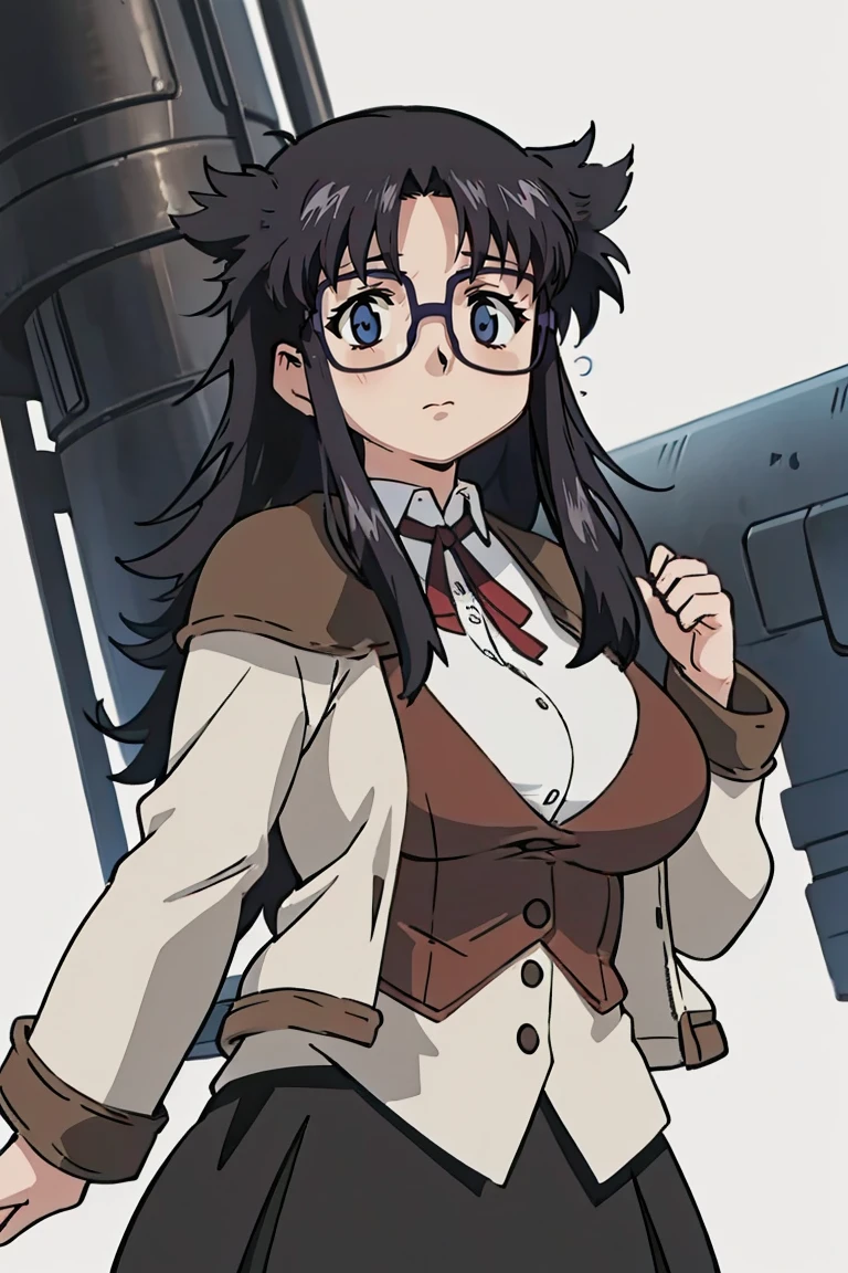 YR, 1girl, solo, upper body, portrait, sticker blush, smile, looking at viewer, glasses, long skirt, coat, vest, ribbon, long sleeves, messy hair, fine detail, perfect quality, good quality, masterpiece, HDR, UHD full body, refsheet, flipflops,  huge breast, thigh　ミニスカート　mini skirt　micro skirt　ミニスカート　mini skirt　micro skirt