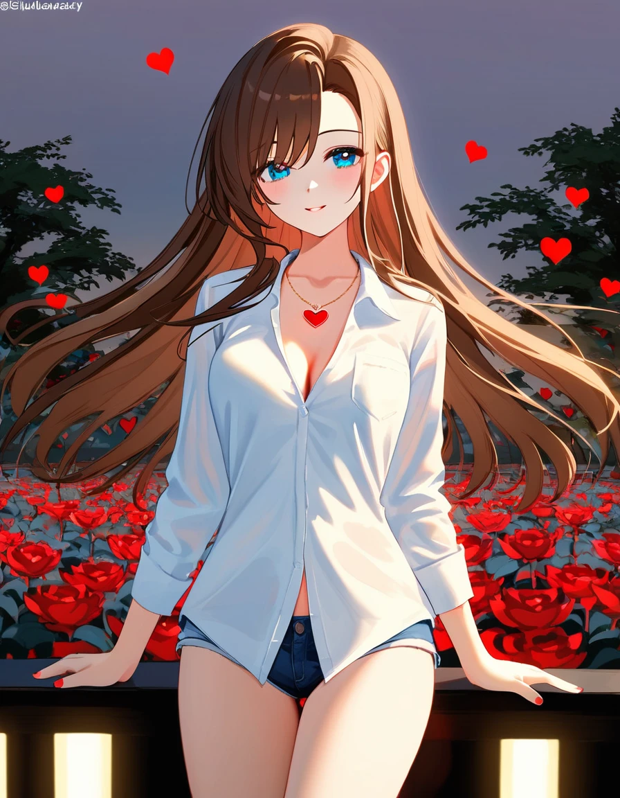 4K, June scenery, Beautiful woman, Long Hair, Brown Hair, Medium chest, blue eyes, White shirt, hot pants, Neon Red Heart Necklace, View your viewers, night, Multicolored hydrangea