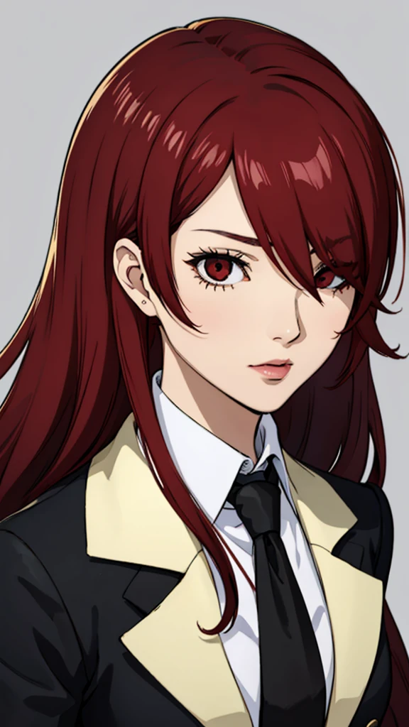 1 girl, medium breast, Mitsuru kirijo, face portrait, black suit black suit, tie, red eyes, long hair, hair over one eye , hair over one eye, lipstick, red hair