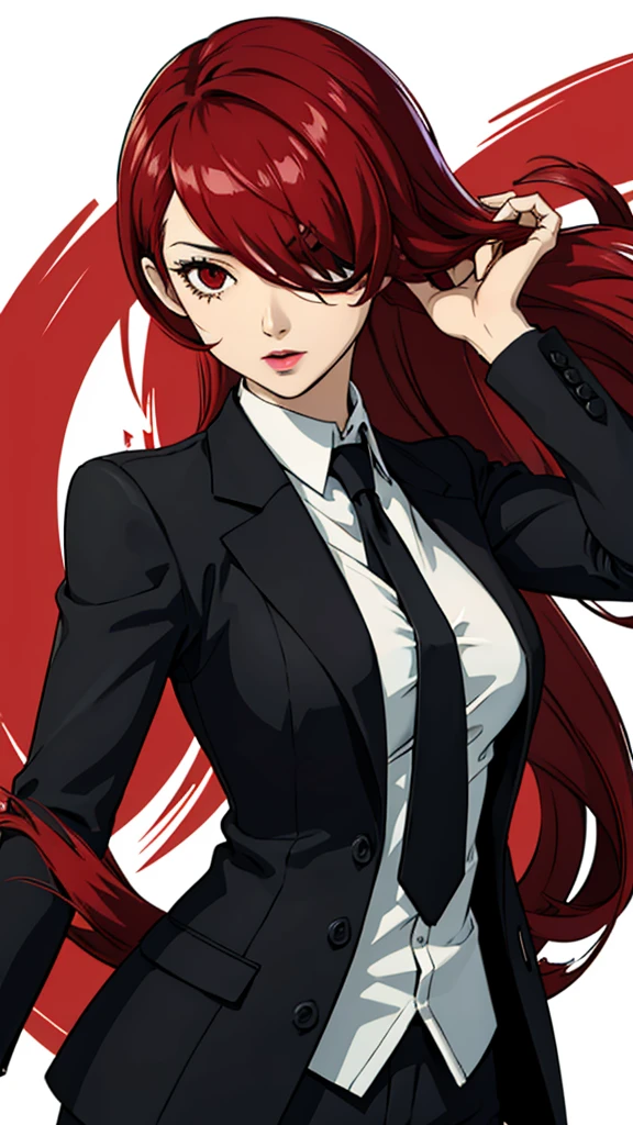 1 girl, medium breast, Mitsuru kirijo, face portrait, black suit black suit, tie, red eyes, long hair, hair over one eye , hair over one eye, lipstick, red hair