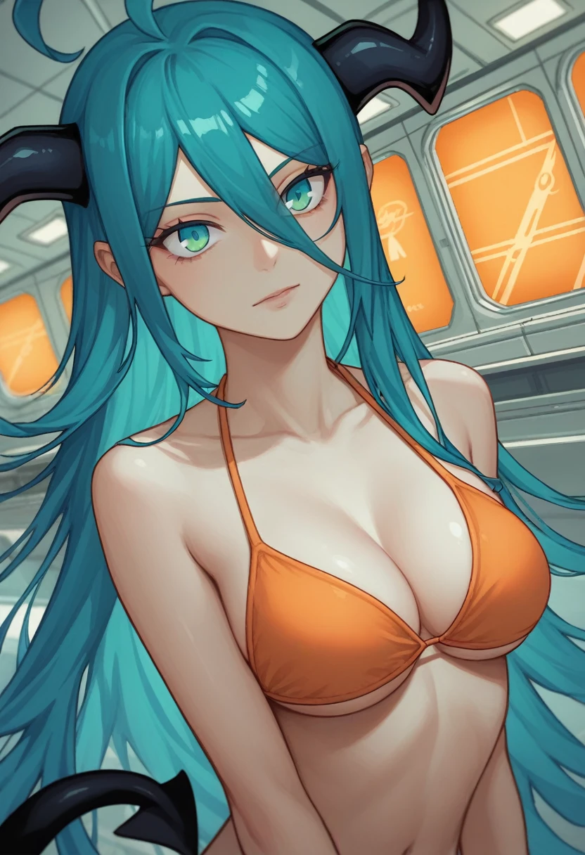 score_9, score_8_up, score_7_up,1 daemon woman, black  demon horns, black demon tail, (aquamarine hair),aquamarine green color hair,ahoge, long hair, (long hair),bangs, light orange bikini, bikini is orange, bikini orange, orange bikini!, (aquamarine eyes), background is spaceship, aquamarine eyes, 1woman ,facing viewer, daemon girl,  close up,Well-endowed, alone, Spacecraft interior