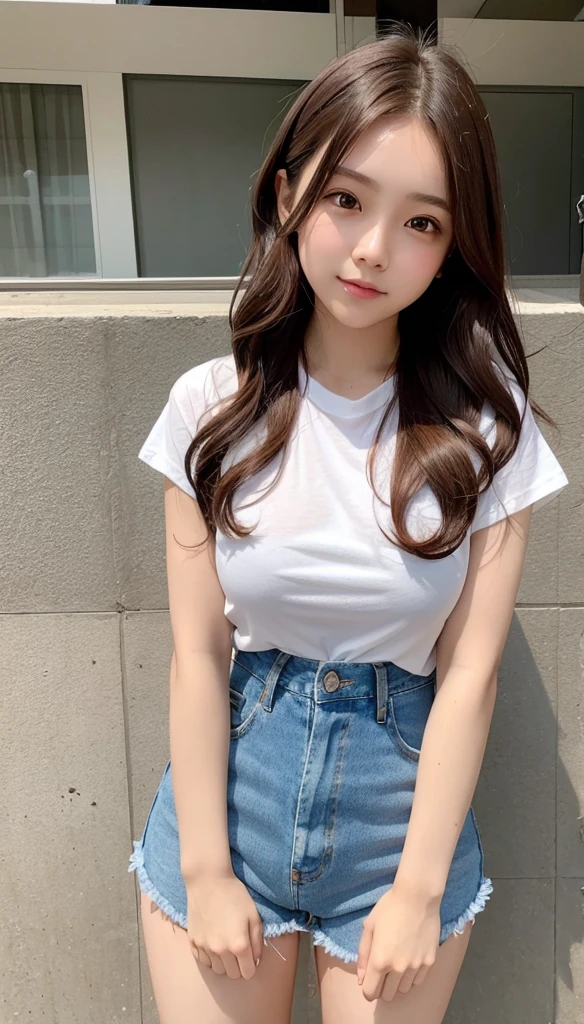 high resolution、Transparency、Woman in white t-shirt、Brown Hair、Curly Hair、Denim shorts、
