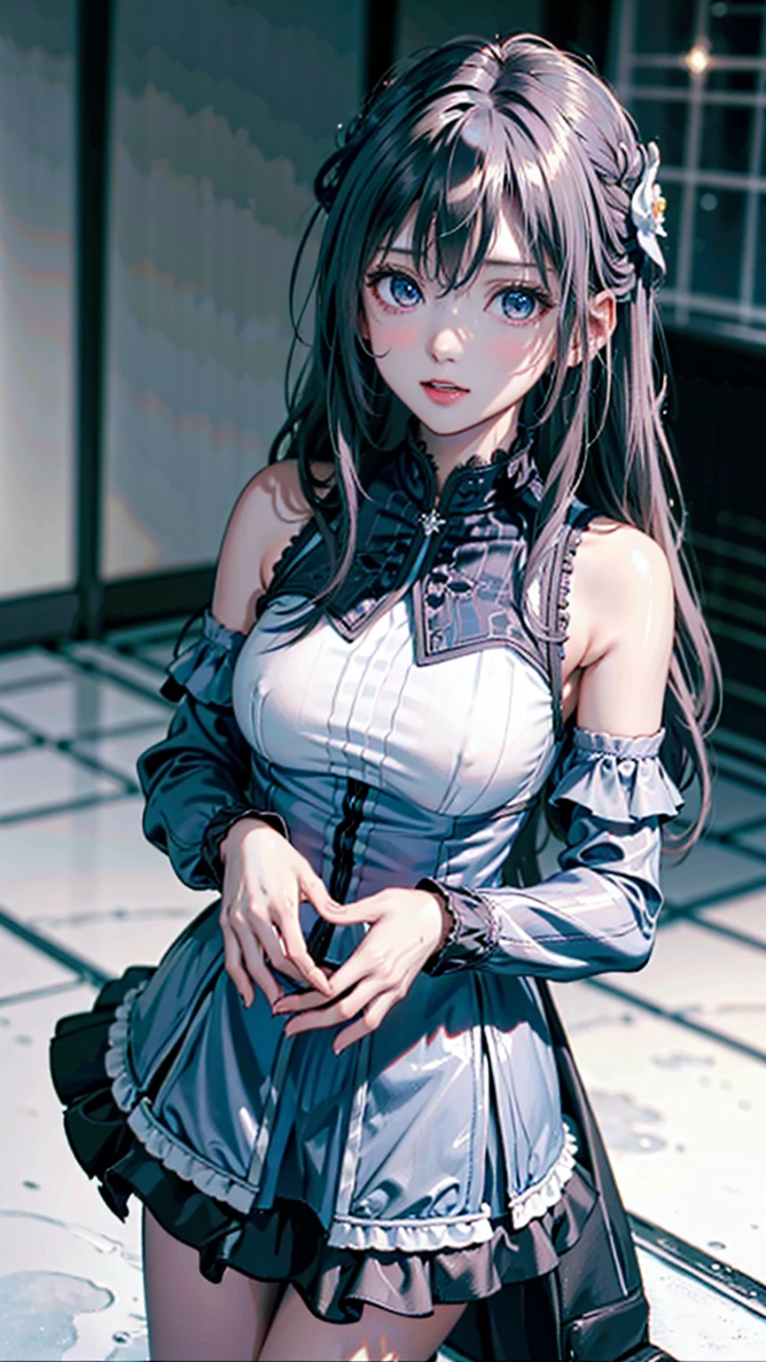 (((masterpiece))),Highest quality,figure,4k wallpaper,Cinema Lighting,Absurd,1 Girl,(snow,ice),snow flower,In winter,Gray Hair,Shiny Hair,curl,Transparent clothes,Frills,race,Wet clothes,Leave_shoulder,hair band,masterpiece,telescope lens,Absurd,Beautiful Face,Features,Natural light,Soft Light,(Seven-part combination),amazing,Dreamy and magical,mystery,