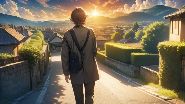 Realistic anime style　Country town　Cityscape with the sun setting　A man leaving town with his luggage　A woman watching from behind a man