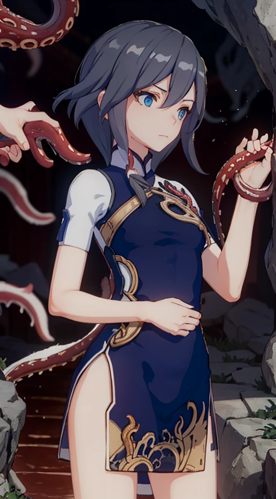 Having tentacle sex, (Many alien tentacles:1.2), Torn, China dress, Too many, Constraints, (Multiple Inserts:1.2), Short Hair, Big Breasts, (Hanging by tentacles:1.6), enjoy, aggression, Inside the cave, Pretty eyes, Great images, Senile, It has a certain charm, Depth of written boundary, Detailed Texture, Tentacles grabbing the chest, Splash a thick  all over your body, The embarrassing parts are in full view. ((Tentacles enter the side slits))