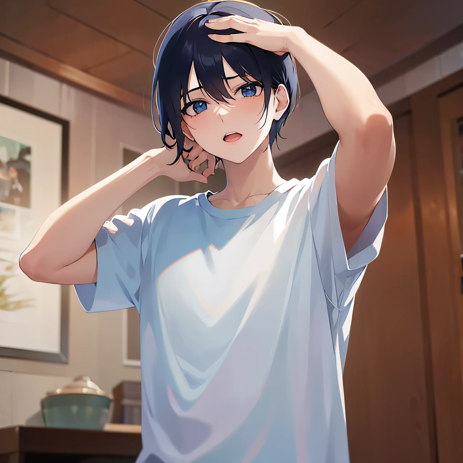 (hand on own head:1.3), upper body、shiny skin, masterpiece、Highest quality、(25-year-old male:1.5) and (Black short hair) and (blue eyes), White T-shirt、Are standing、open mouth, (sad:1.2)、The background is the living room、alone