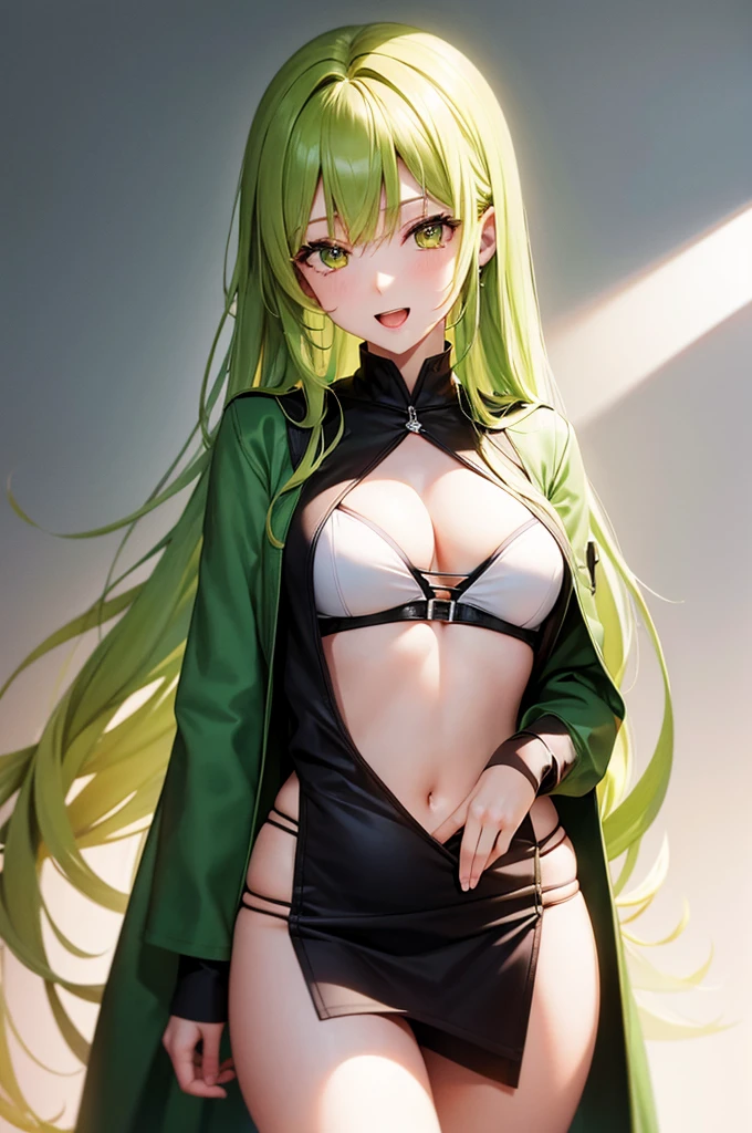 anime、最high quality, high quality, 8K、High resolution,Highest quality、solo、A calm and mature woman with long yellow-green hair and yellow eyes.、tall、Long limbs、The background of vibrant overseas markets、Thighs、Miniskirt、tall、Long limbs、solo、Laughing with mouth open、anime