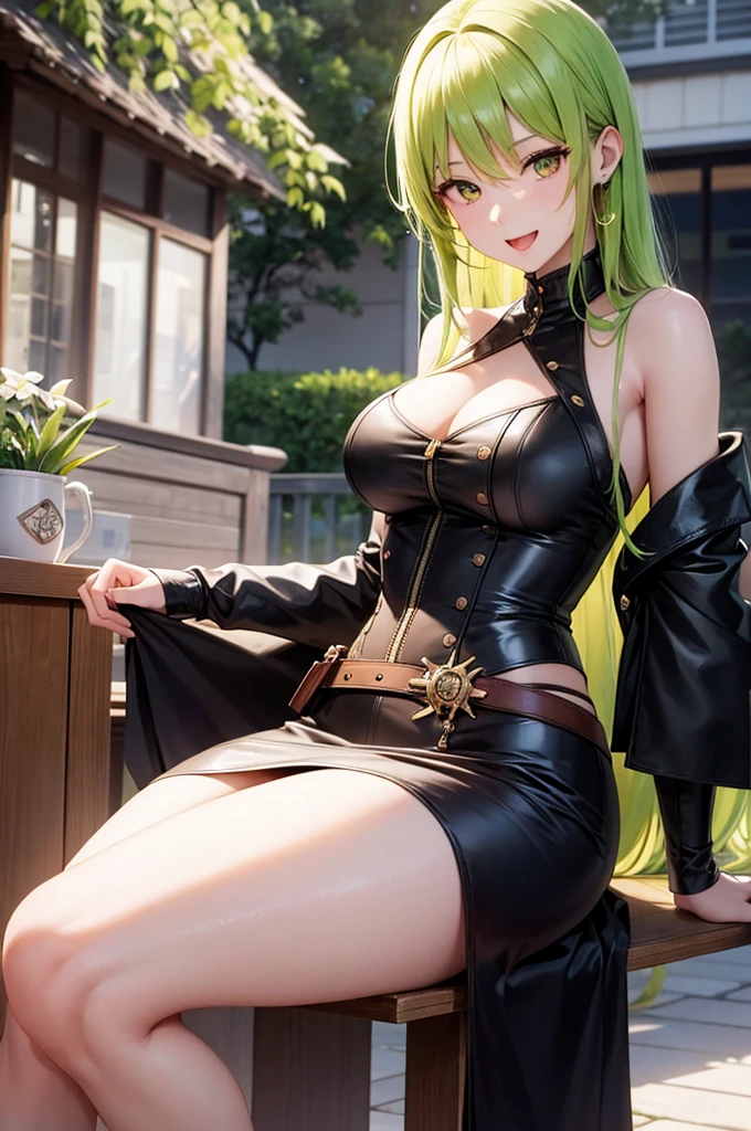 anime、最high quality, high quality, 8K、High resolution,Highest quality、solo、A calm and mature woman with long yellow-green hair and yellow eyes.、tall、Long limbs、The background of vibrant overseas markets、Thighs、Miniskirt、tall、Long limbs、solo、Laughing with mouth open、anime
