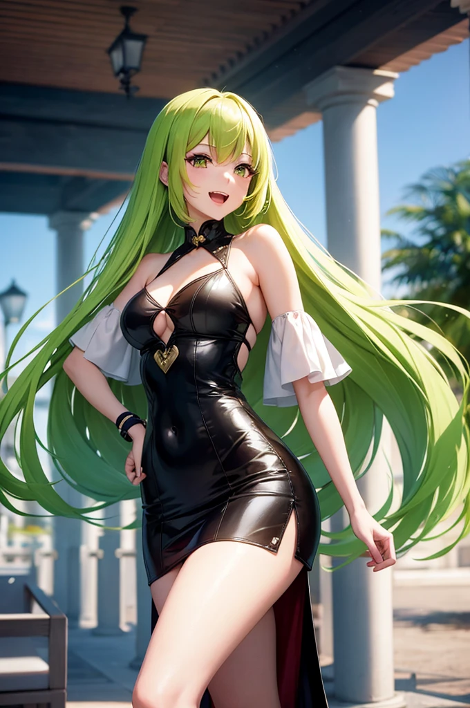 anime、最high quality, high quality, 8K、High resolution,Highest quality、solo、A calm and mature woman with long yellow-green hair and yellow eyes.、tall、Long limbs、The background of vibrant overseas markets、Thighs、Miniskirt、tall、Long limbs、solo、Laughing with mouth open、anime